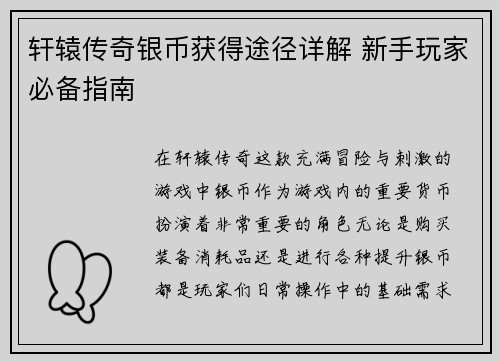 轩辕传奇银币获得途径详解 新手玩家必备指南