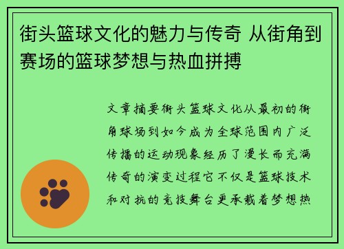 街头篮球文化的魅力与传奇 从街角到赛场的篮球梦想与热血拼搏